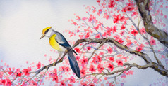 美丽的鸟儿在花枝上。水彩绘画