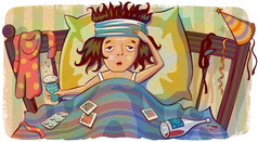 宿醉之后方躺在床上的女人。年轻女子抱着一杯水的头痛。创意插图.