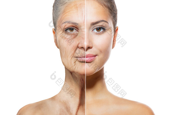 老化和护肤品的概念。年轻和老妇女的面孔
