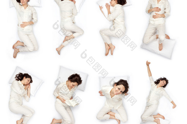 年轻漂亮的女人睡眠姿势组成套上白色孤立