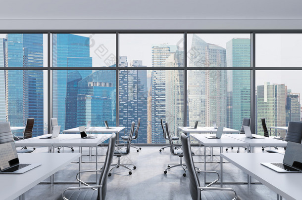 在现代的全景办公，新加坡城市景观从 windows 的工作场所。开放的空间。白表和黑色皮椅。一种概念的金融咨询服务。3d 渲染.