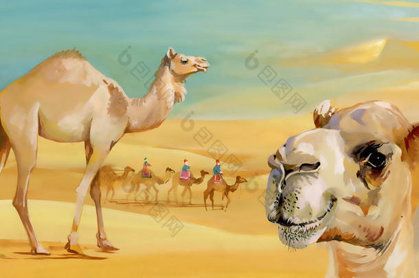 水彩骆驼在沙漠中