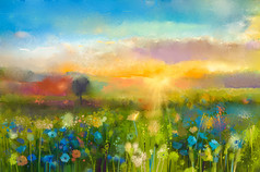 油画花蒲公英、 矢车菊，雏菊在字段中。日落的草甸景观与野花