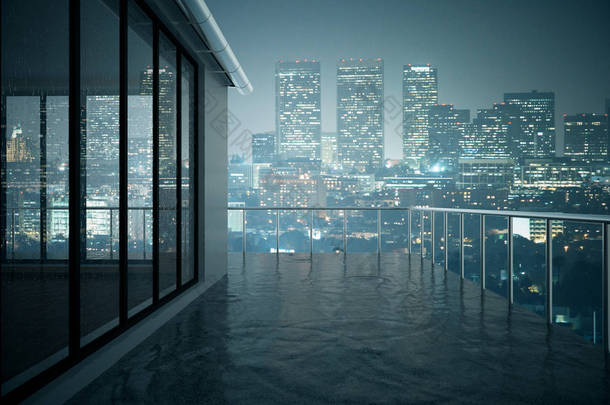 在现代建筑中的混凝土阳台的特写。晚市背景。3d 渲染