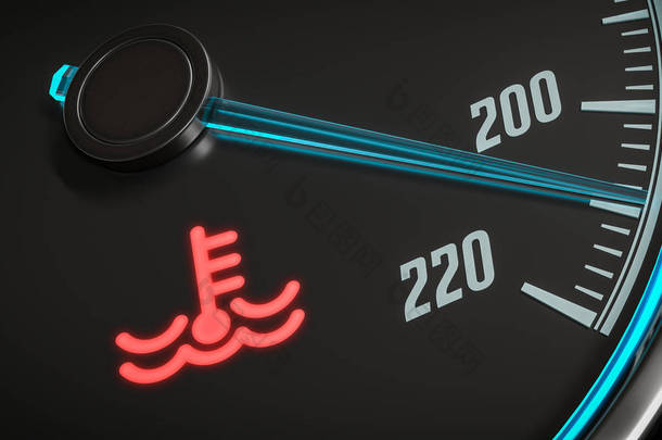 引擎过热的控制。冷却剂警告灯在汽车仪表板。3d 渲染的图.