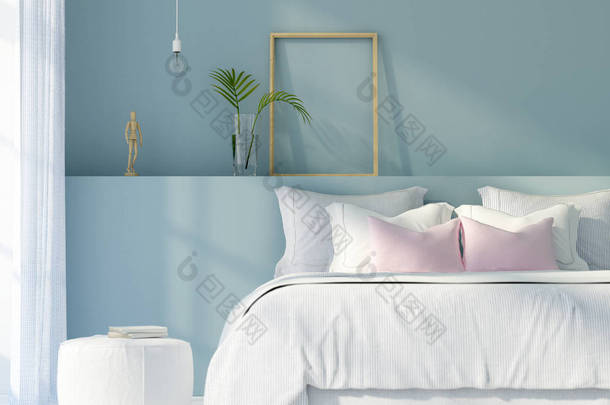 卧室在白色和蓝色的颜色