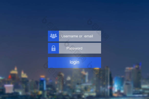 <strong>触摸</strong>屏上的登录界面。<strong>触摸</strong>登录框、用户名和密码输入在城市景观模糊背景下的虚拟数字显示.