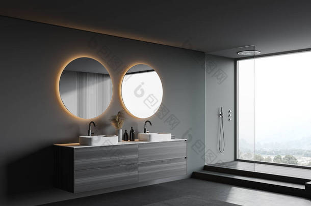 角落的时尚的全景浴室与灰色和木制墙壁，混凝土地面，淋浴间和双<strong>水槽</strong>与圆形镜子。云雾弥漫的山景.3d渲染