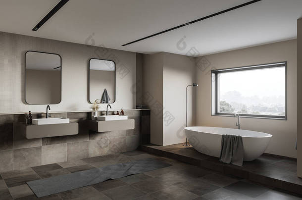 现代浴室的拐角处，有米黄色和瓷砖墙，舒适的浴缸和带有镜子的双层水池。山景朦胧的窗户.3d渲染