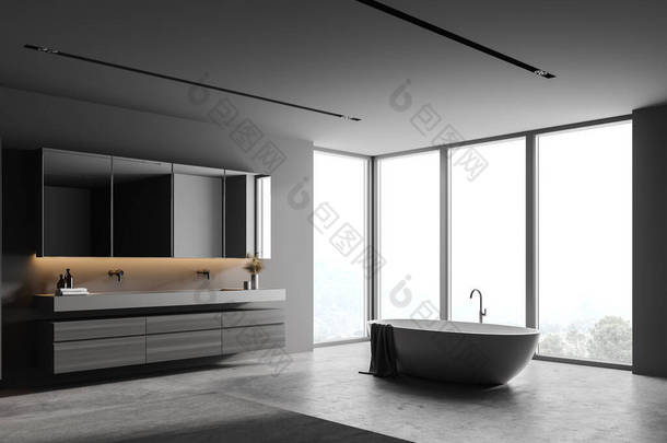 风格时尚的浴室角落，墙壁灰蒙蒙，混凝土地面，双池站立在木制橱柜和舒适的浴缸。3d渲染