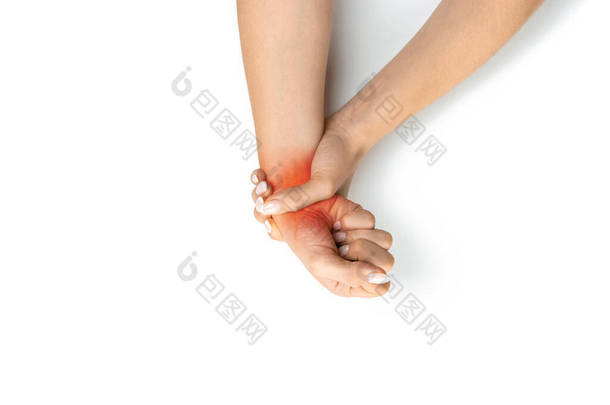 中枢神经腕管在手部疼痛。女人受伤的手腕。关节炎办公室综合征是计算机引起的.受伤的原因包括骨折、关节炎或食指