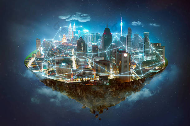 梦幻岛漂浮在空中与网络无线系统和互联网的东西, 智能城市和通信网络的概念 .