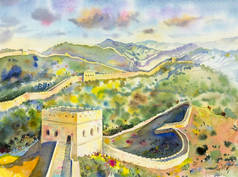 中国的长城在慕田峪长城。水彩画 
