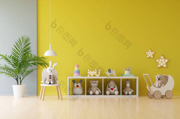 在黄色儿童空间里的玩具娃娃和玩具，用于模拟、 3D渲染