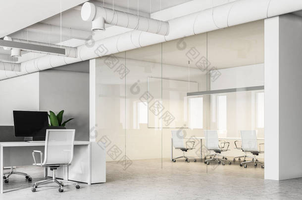 开放空间办公室和会议室内部有一个长桌子和白色的椅子站在它周围。3d 渲染模拟