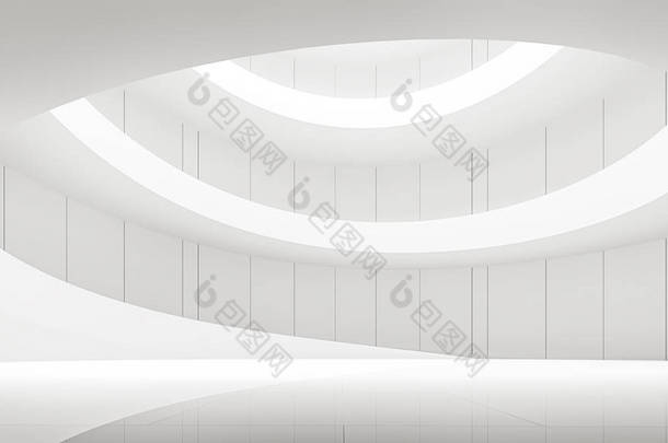 现代白色空间内部与螺旋坡道 3d 渲染图像