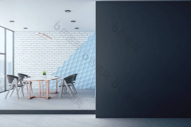 最低限度的会议内部家具,城市景观和空白灰色墙壁.工作场所和生活方式的概念。3D渲染