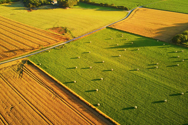 从空中俯瞰法国布列塔尼的牧场和农田。美丽的法国乡村,绿油油的田野和草地.日落时分的乡村风景
