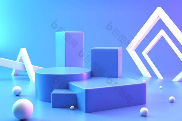 背景3D蓝色渲染最小抽象背景3D渲染抽象几何形状粉刷。现代立方体产品的舞台.