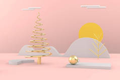 圣诞快乐明信片。圣诞金树。3D渲染。3D插图