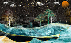3D现代壁画墙纸黑色丛林，森林背景。金鹿，黑色的圣诞树，大理石山，有金鸟的月亮。适于用作墙壁上的框架 .