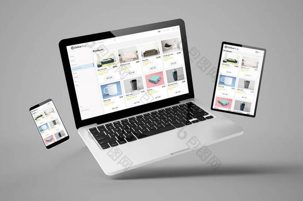 飞行笔记本电脑，移动和平板电脑3D渲染显示在线商店响应网页设计