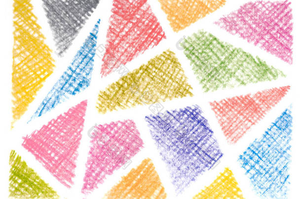 凌乱的彩色铅笔画在三角形形状背景白色的涂鸦线
