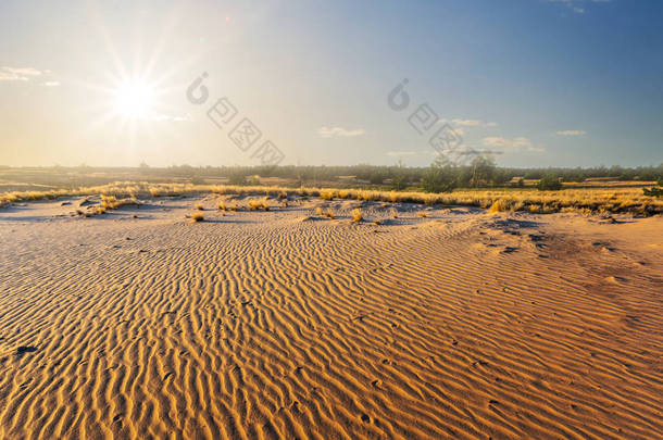 炎热的夏季沙质沙漠景观在日落