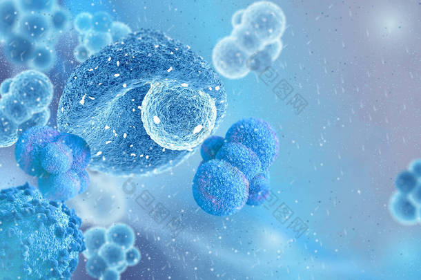 医学抽象背景，分裂过程中的显微细胞在血浆、蓝色调色板、三维渲染中漂浮