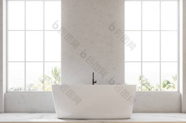 原来的浴缸站在白色的浴室内部与混凝土地板, 阁楼的窗户和白色的墙壁。3d 渲染模拟