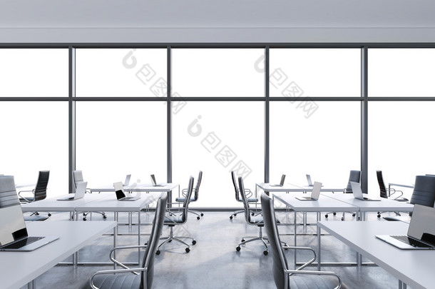 在现代的全景办公，在 windows 副本空间的工作场所。开放的空间。白表和黑色皮椅。一种概念的金融咨询服务。3d 渲染.