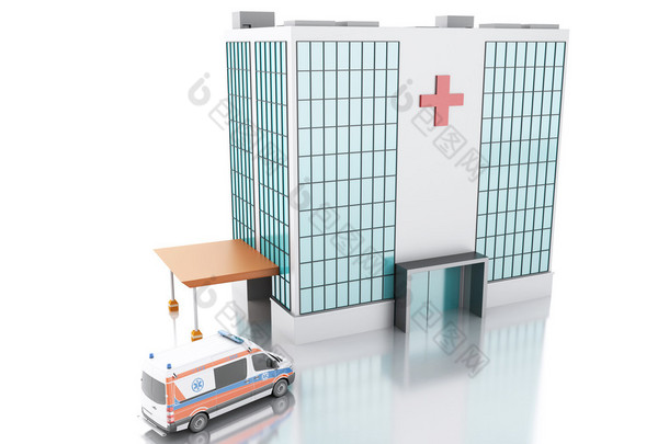 医院建设和救护车。3d 图 