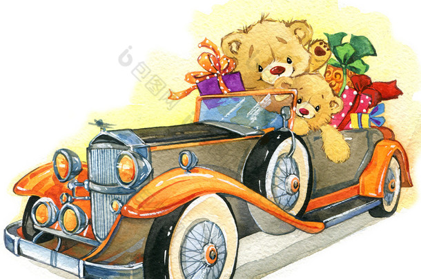 情人节的时候。老爷车和祝贺的泰迪熊 bear.background