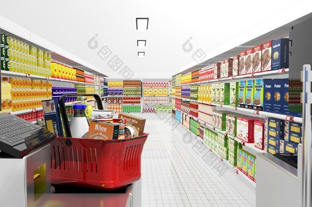 超市内部与现金机器和杂货 