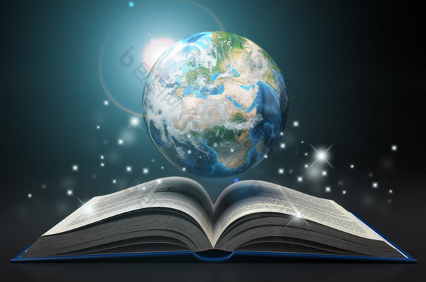 地球和打开的书。<strong>教育</strong>互联网 e-' 学习概念.