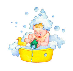水彩插图。儿童沐浴