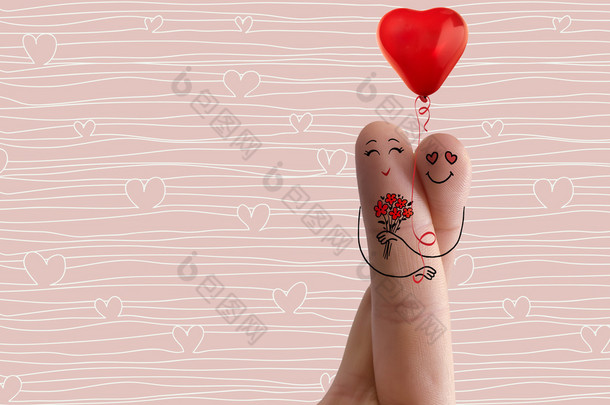艺术概念的手指。情侣拥抱和给花束。股票的图像