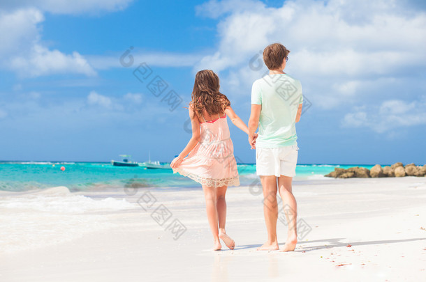 后视图<strong>的</strong>快乐对年轻夫妇在沙滩上