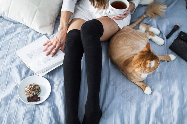 女孩与温暖的袜子一杯茶，猫咪，合上的书