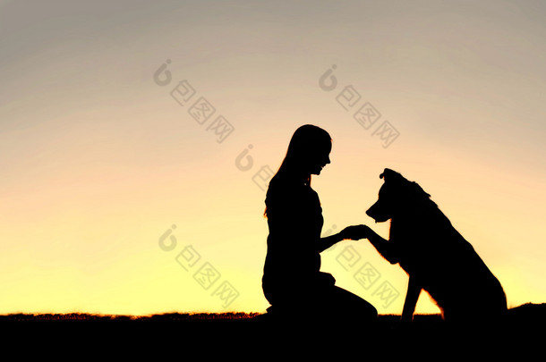 年轻女子和宠物狗握手在日落时的剪影