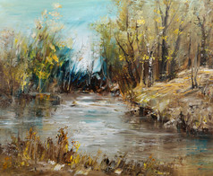 河和白桦林，油画附近