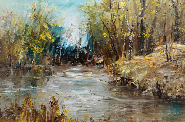 河和白桦林，油画附近