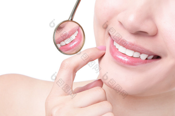 健康女人的牙齿和牙医嘴镜像