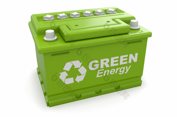 汽车电池与绿色回收标志.