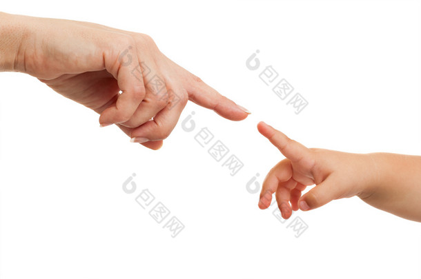 母亲和婴儿的手，用手指指点.