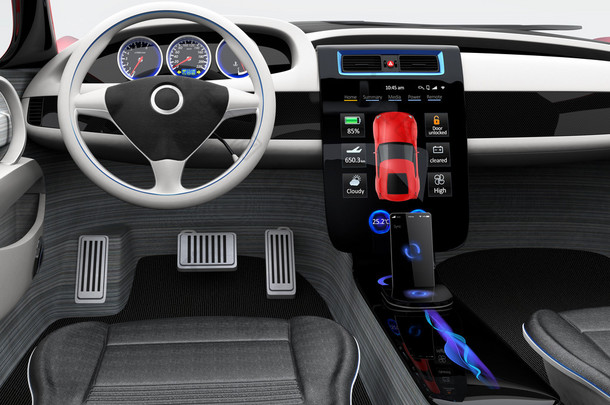 未来的电动<strong>汽车</strong>仪表板和室内设计。3d 渲染图像的剪切路径.