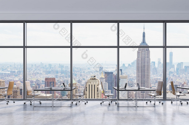Workplaces in a modern panoramic office, New York city view in the windows, Manhattan. Open space. B