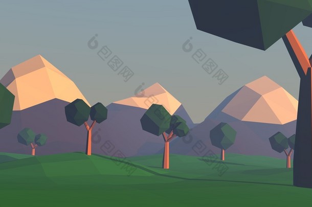 低聚景观与山和树。在日落时的自然场景。3d 渲染图.