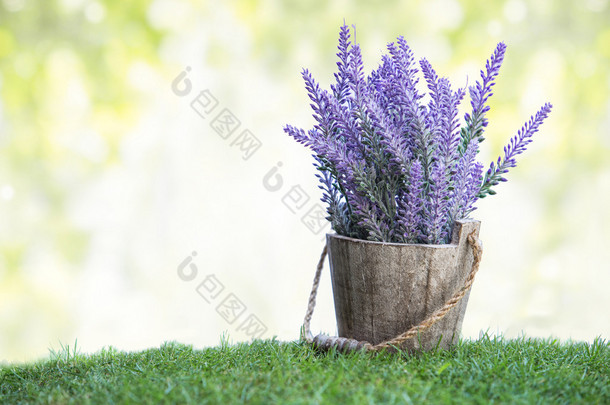 一束紫罗兰花上一个木槽内绿草
