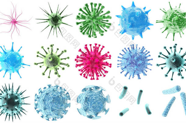 3d 渲染病毒细菌图标设置、 抽象孤立在黑色背景上的美丽微生物多彩单元微生物病毒分子细菌对象集.